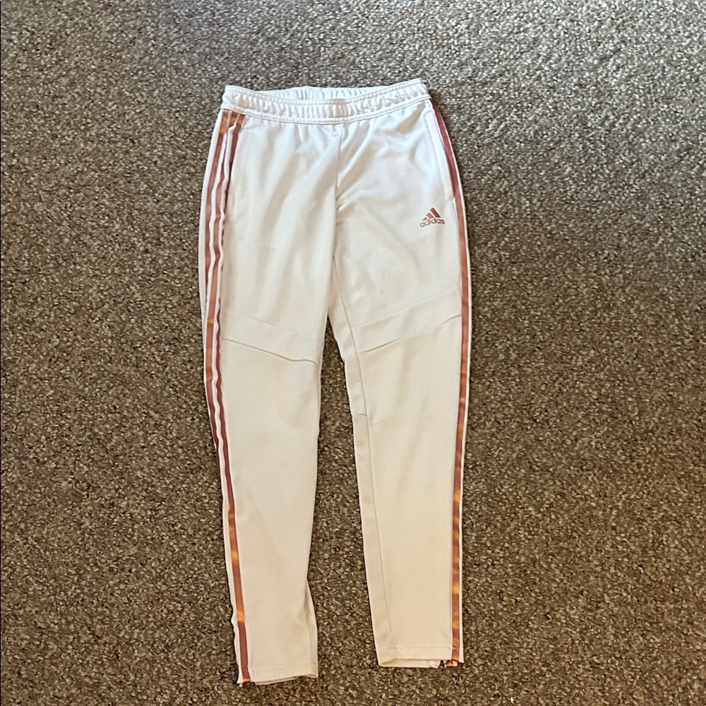 Adidas Women’s White Joggers with Rose Gold Stripes